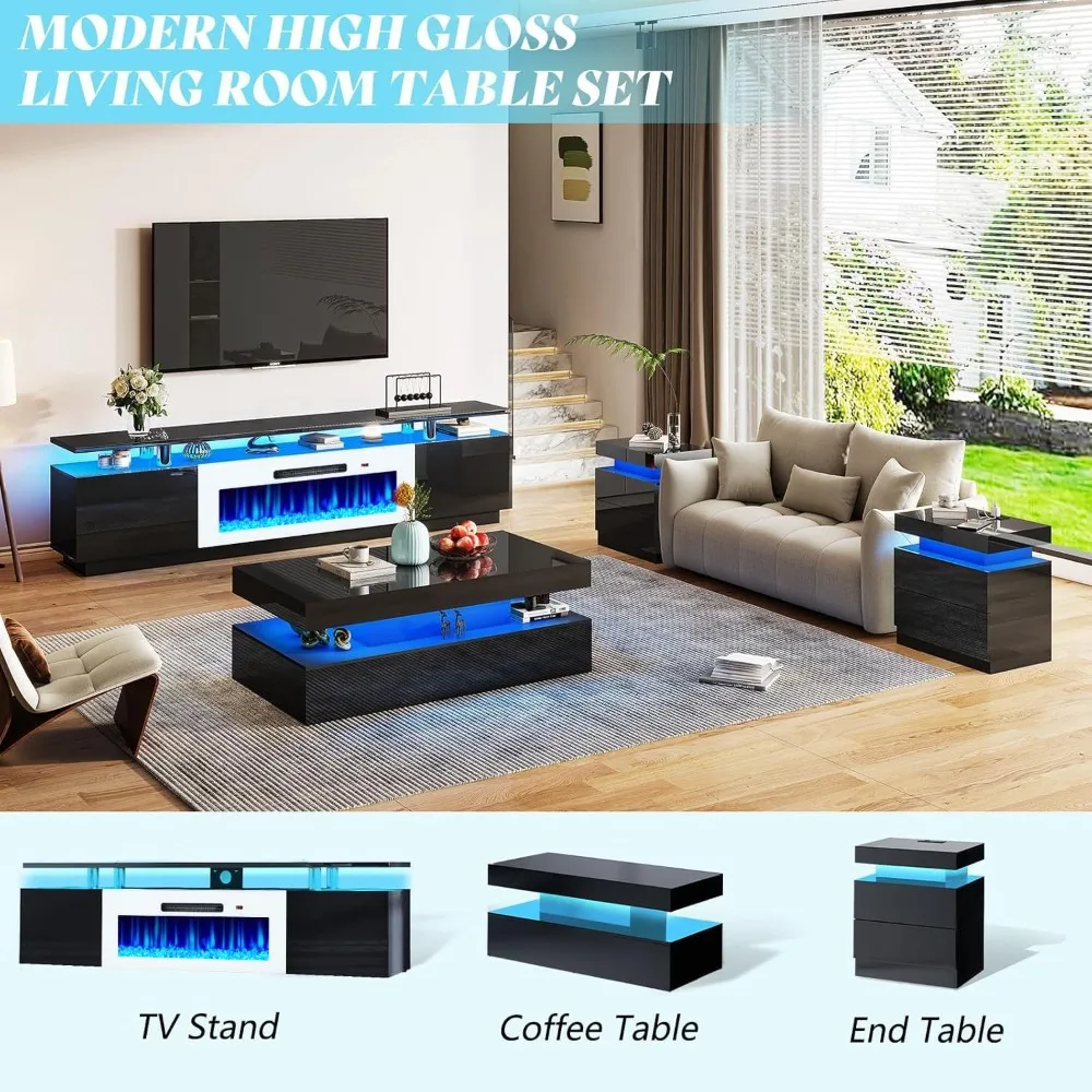 Armário de TV com lareira de 36 polegadas, luzes LED modernas para centro de entretenimento de lareira de 70 polegadas, armário de console de TV