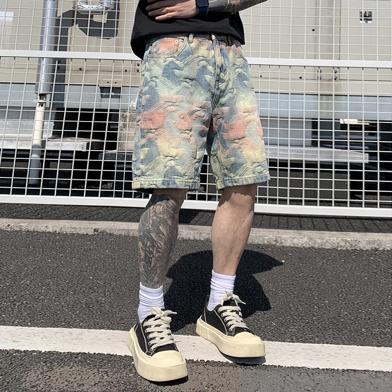 

9366 Summer new high street tide brand colourful jacquard five-minute trousers men's personality gangster handsome denim shorts