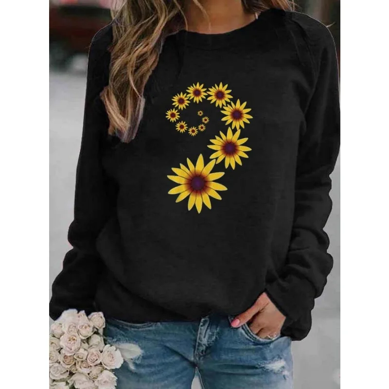 Women\'s Sunflower Print Crew-neck Hoodie Sweatshirts  Streetwear Women  Clothes  Sweatshirt  Aesthetic