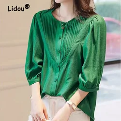 Elegant Fashion Solid Color Pleated Blouse Women Classic Half Sleeve Summer Single-breasted O-collar All-match Lady Shirt