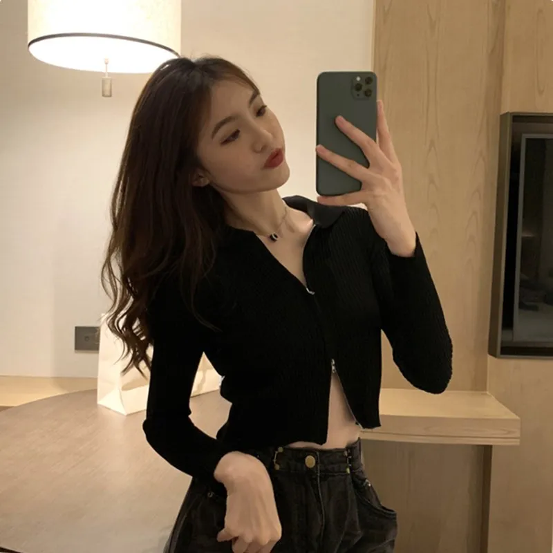 

Slim Fit ort Knitted Ne Open Cardigan Women's Thin Early Autumn New Sle Long Sve Zipper Casual T-irt