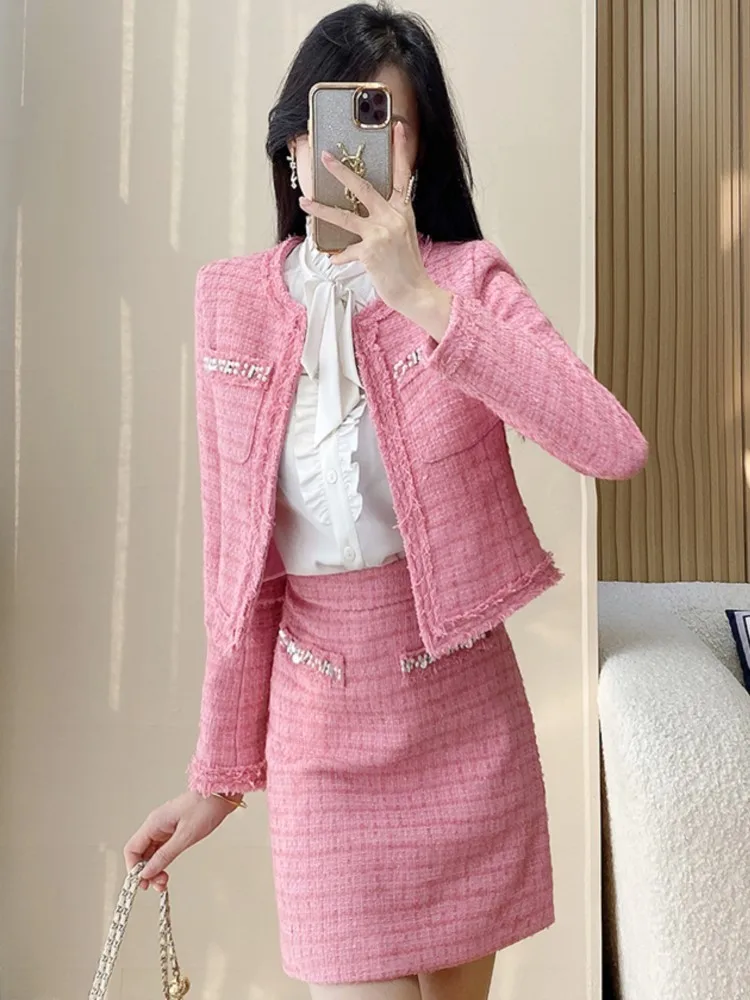 Pink Professional suit tweed jacket + skirt spring / autumn women\'s Coat Business ladies 2 piece skirt sets