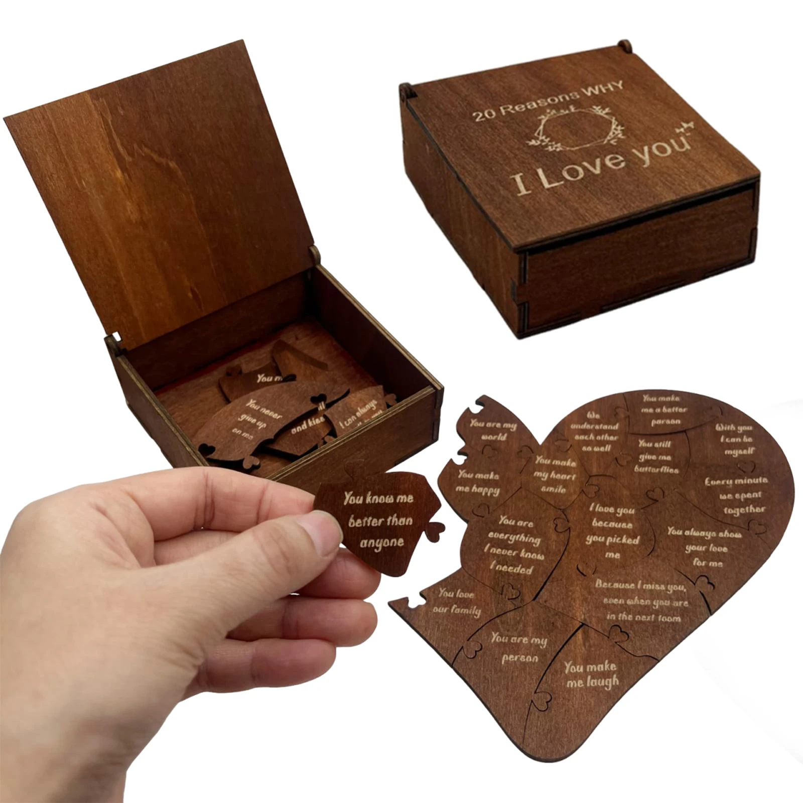20 Reasons Why I Love You Heart Puzzle W/ Gift Box Romantic Heart Wooden Puzzle for Boyfriend Girlfriend Husband Wife