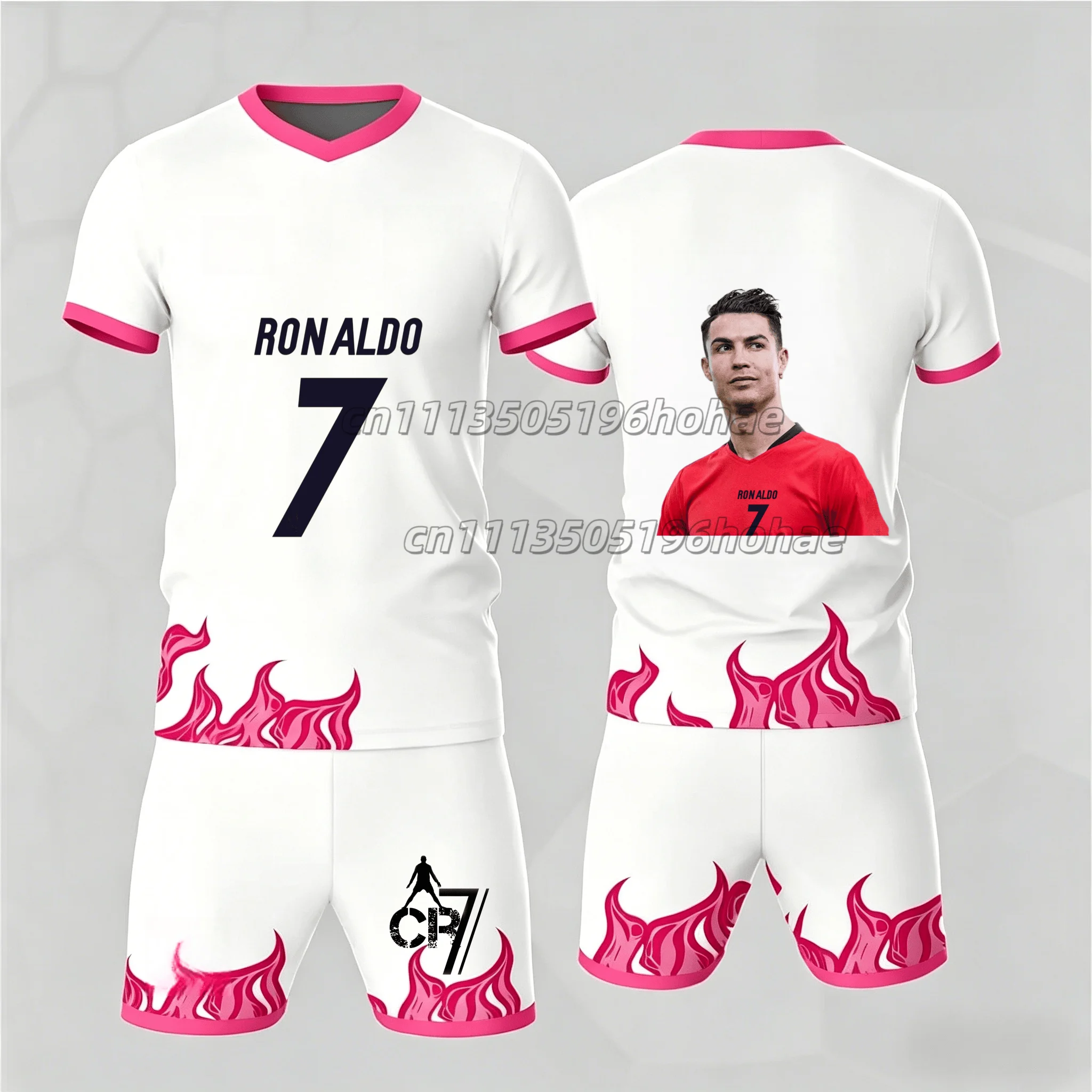 Summer New # Ronaldo No.7 # Football Suit Set for Children and Adults Flame Patterned Quick Drying Sports T-shirt Shorts Set