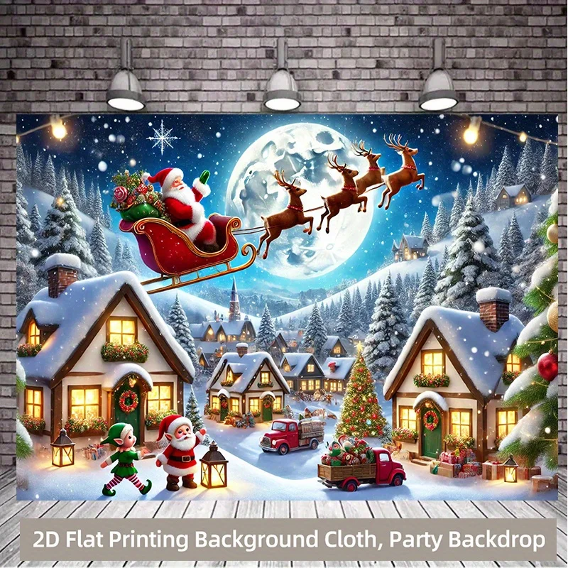 Winter Wonderland Christmas Tapestry, Santa Sleigh with Rudolph and Elves,  Snow Scene Wall Art for Indoor Outdoor Party Decor