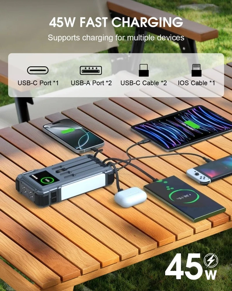 Multifunctional 12000mAh Solar Power Bank Emergency Car Jump Starter for 12V Vehicles Multiple Ports Fast Charging 45W Camping