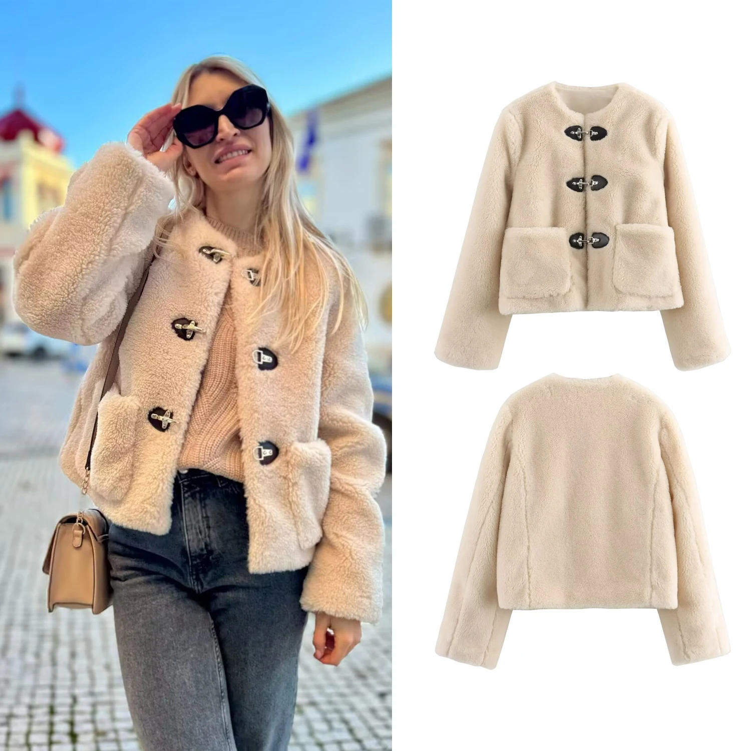 

Women Thick Faux Fur Jacket Female O-Neck Long Sleeved Single Breasted Buttons Jacket Short Coat Casual Jacket Streetwear