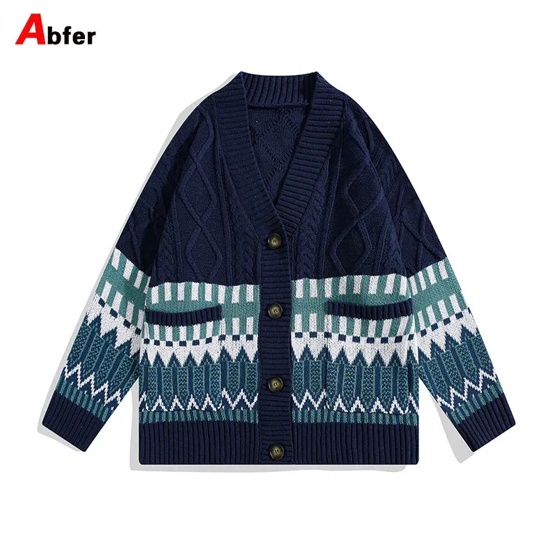 

Abfer Argyle Cardigan Men's Clothes Korean Style Autumn Winter Stripe Cardigans Knitted Sweater High Street Sweaters Male Coat