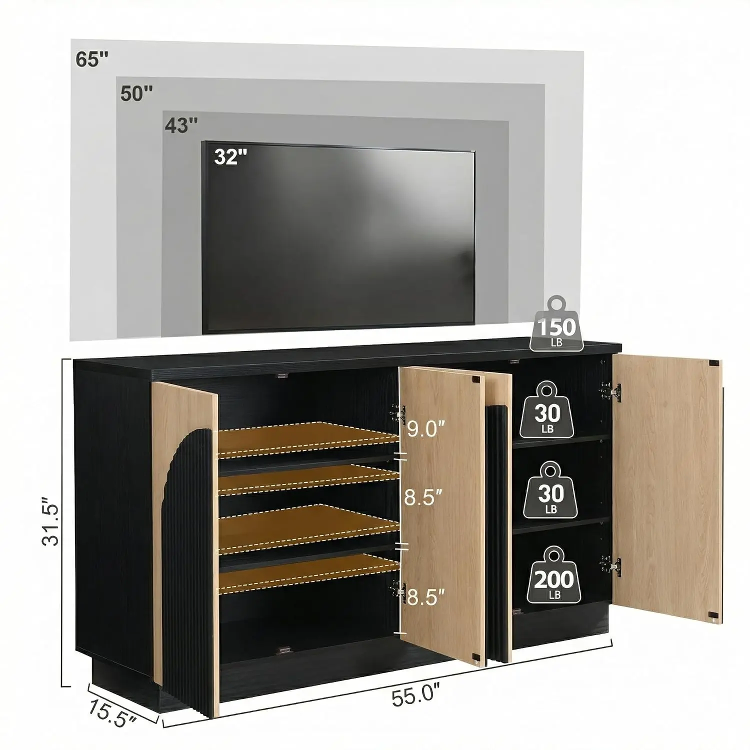 Fluted TV Stand Arched Reeded Door Modern Entertainment Center Storage 65 Inch Media Console Living Room Bedroom Black Natural,