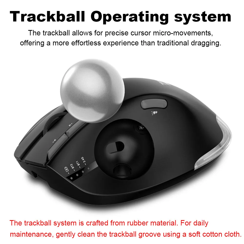 Lefon-Mouse Trackball Ergonômico Bluetooth Sem Fio, Ratos Rollerball RGB Recarregáveis para PC, Computador, Laptop, Escritório, 2400DPI