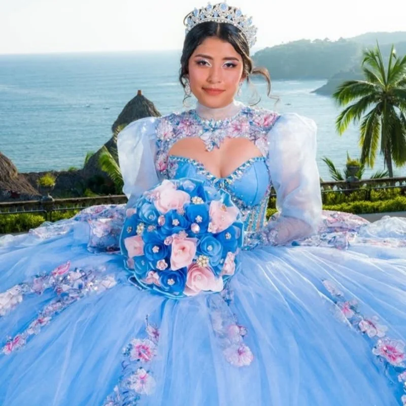 Błękitna suknia Quinceañera z odkrytymi ramionami, kryształkami, brokatem, kwiatowymi aplikacjami, warstwowa, z długim trenem, vestidos de 15 Quinceañera ﻿ Dostosuj