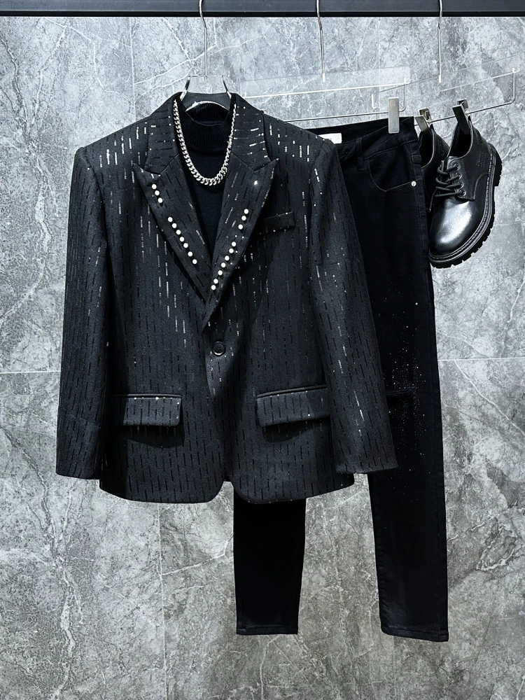 

Trendy Men's Pearl Design Jaet Personali Performance Suit Outerwear Faionable Korean Sle Casual Loose Fit Spring Autumn