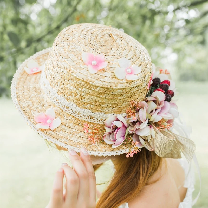 Topi Matahari Wanita Baru untuk Orang Tua-anak Karangan Bunga Rumput Sastra Retro dengan Pita Renda Topi Jerami Datar Topi Liburan Pantai