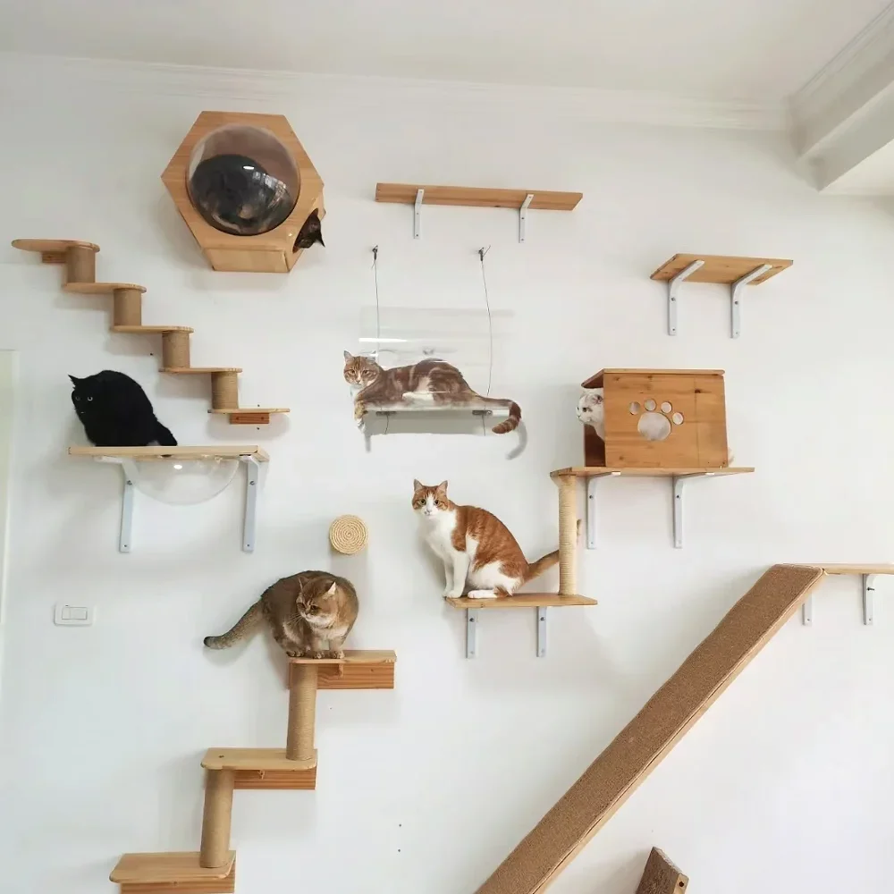 

Cat Wall Mounted Furniture Wooden Cat Tree Hammock Climbing Shelf Perch Sisal Ladder Scratching Post Indoor Cats Accessories