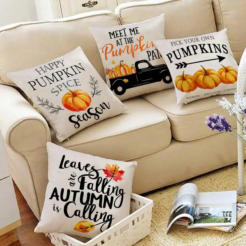 Fundas de almohada decorativas para acción de gracias, 4 piezas, 18x18 pulgadas, camión de calabaza, cosecha de otoño, Acción de Gracias