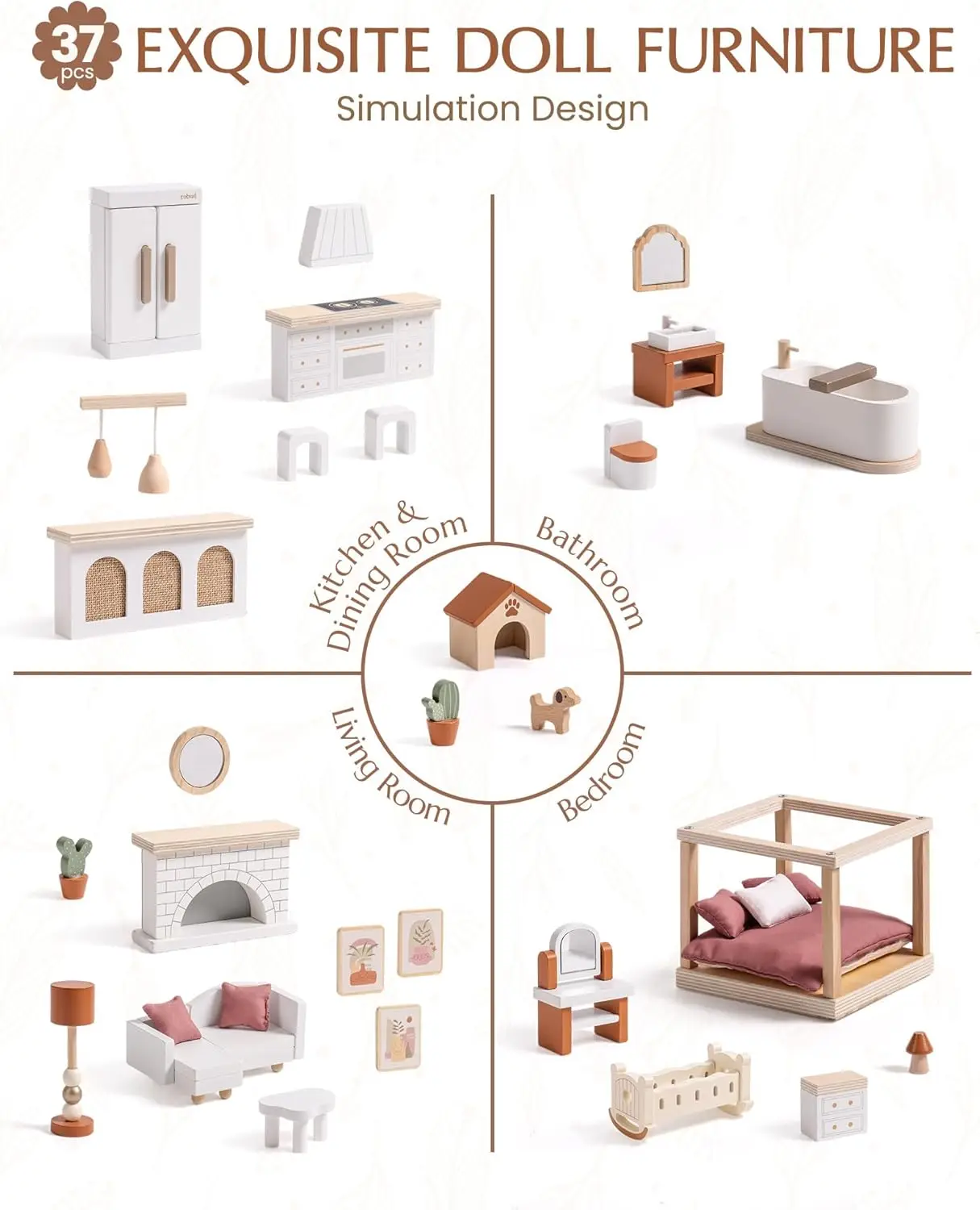 Robotime Robud Doll House Maison de poupée bohème en bois avec un design réaliste comprend 37 pièces de meubles et d'accessoires pour enfants