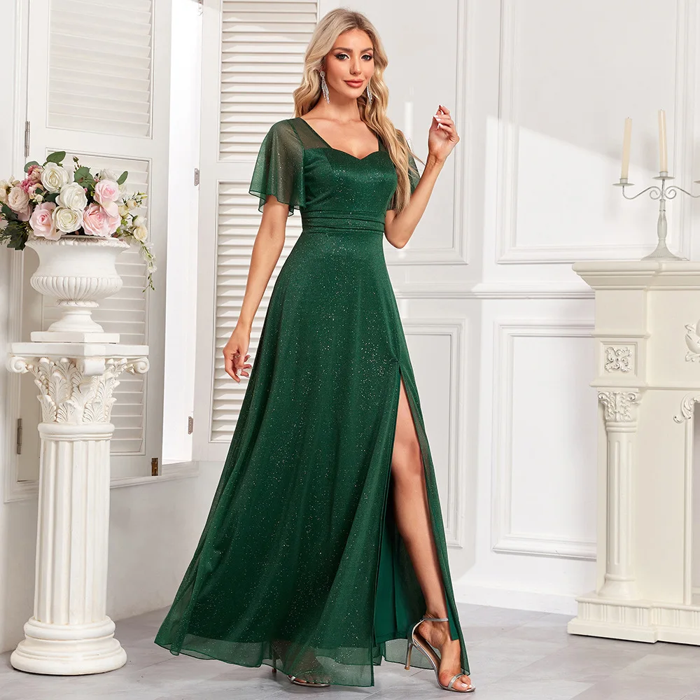 

New women's elegant short-sleeved square collar shiny tulle evening dress A-side split dance dress party sexy temperament elegan