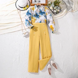 Spring Autumn Girls Outfit 8-12 Years Printed Long Sleeve Shirt Top + Yellow Casual Straight Long Pants Fashion Girls 2Pcs Sets