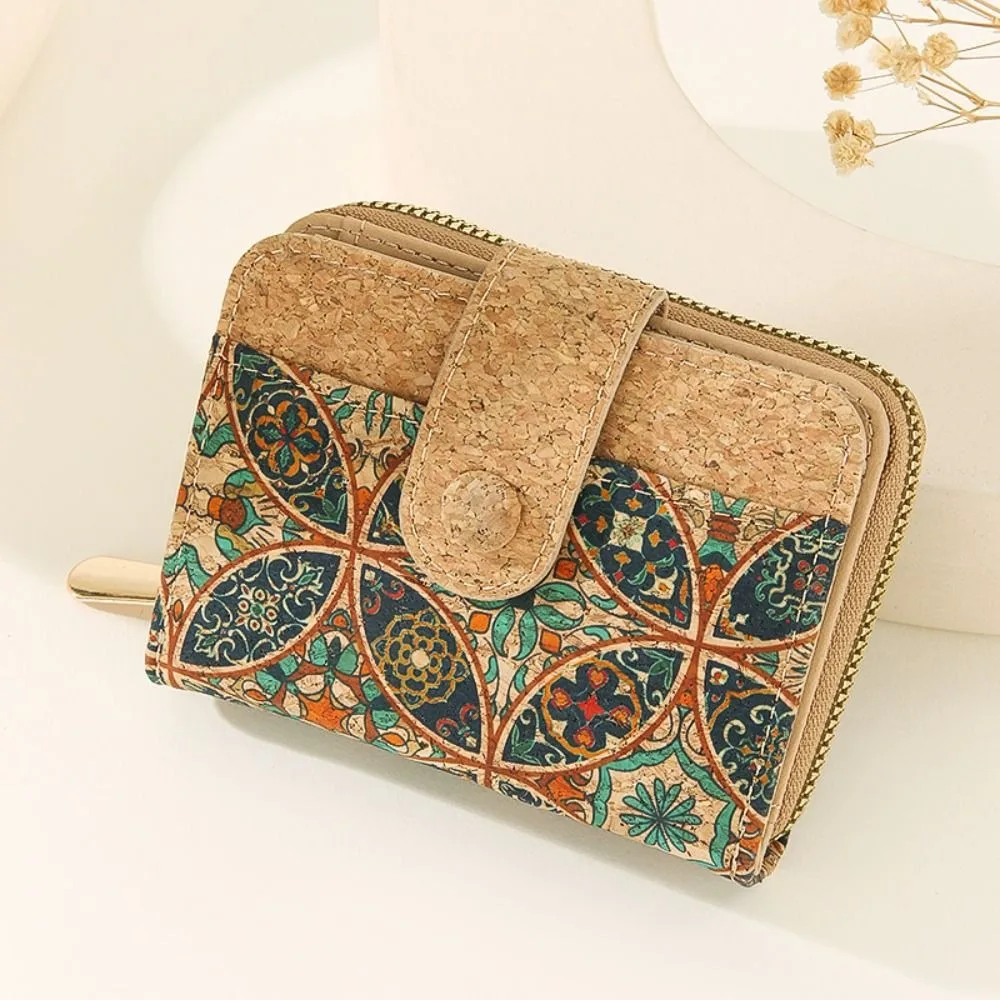 ショートジッパーレトロプリント財布隠しバックルポータブルデザインマルチカードスロット財布カードスロット木目調カードホルダー
