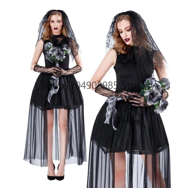 

Gothic Dead Zombie Vampire Corpse Ghost Bride Black Lace Dress Women Halloween Cosplay Costume Nightmare Scary Fancy Outfit
