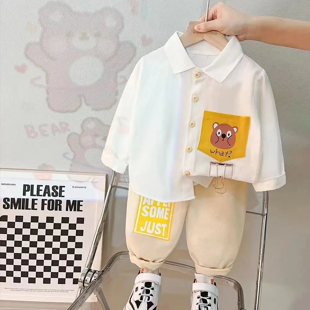 Spring and Autumn New Boys and Girls Cartoon Dinosaur Bear Casual Shirt Long Sleeve Foreign Style Pants Two-piece Set