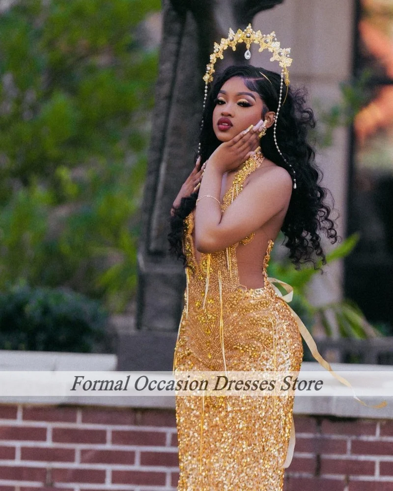 Parkly ゴールドウエディングドレス高級 2025 ホルターラインストーンクリスタルマーメイドパーティードレス黒人女の子フォーマルイベントイブニングドレス
