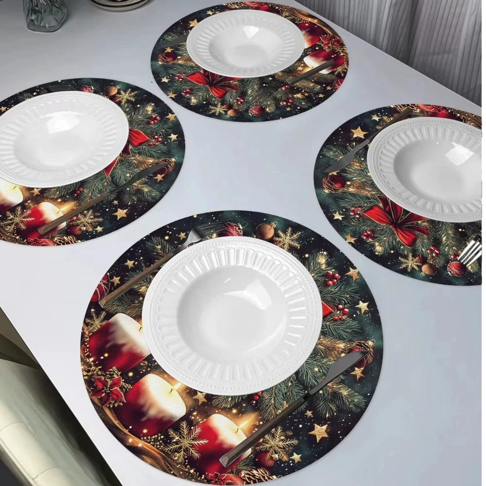 VIKAMA 4PC Winter Solstice Christmas Round Placemats Waterproof And Heat Insulating Table Placemats Festive Home Decoration