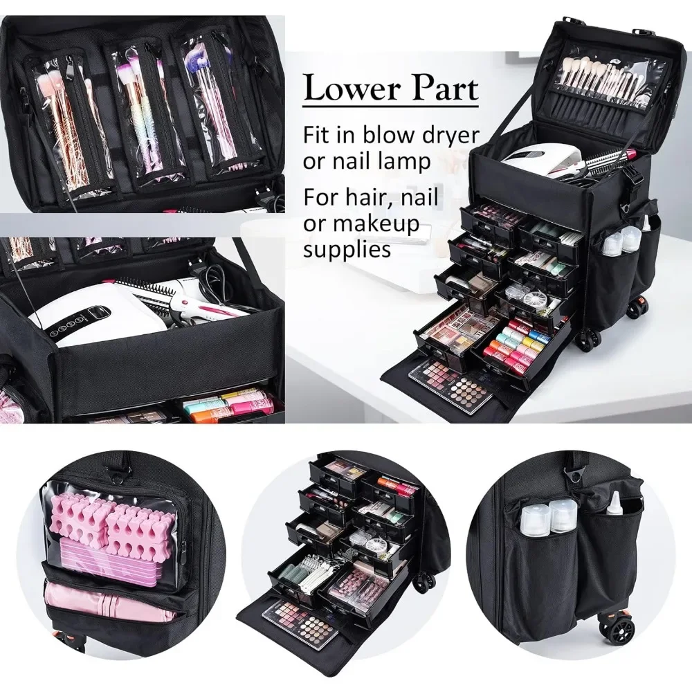 Professional Rolling Makeup Case Soft Sided Cosmetology Organizer Wheeled Nylon Train Case Portable Travel Supply Stati