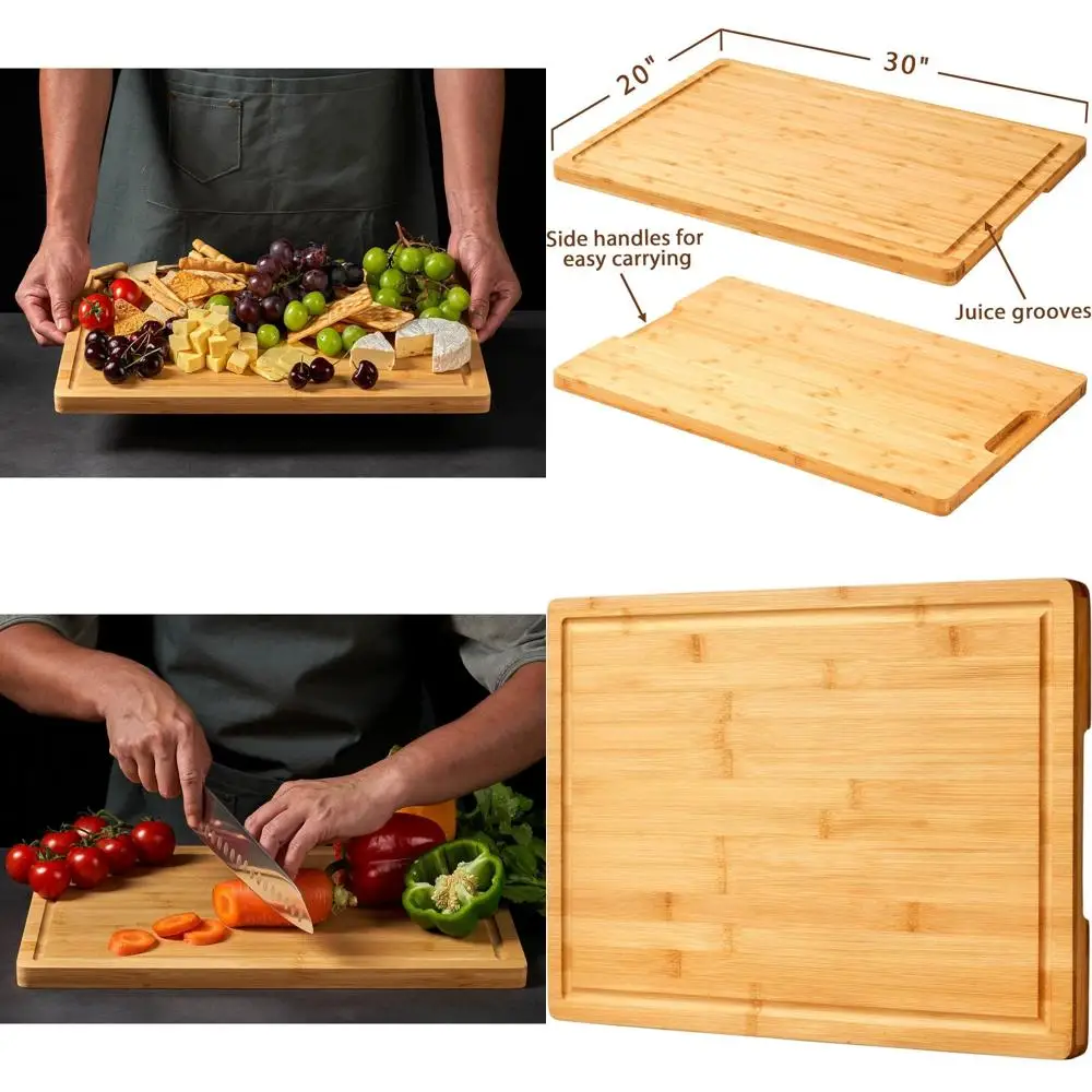 

Large Bamboo Noodle Board with Handles and Juice Grooves for Kitchen, Charcuterie & Cheese Serving