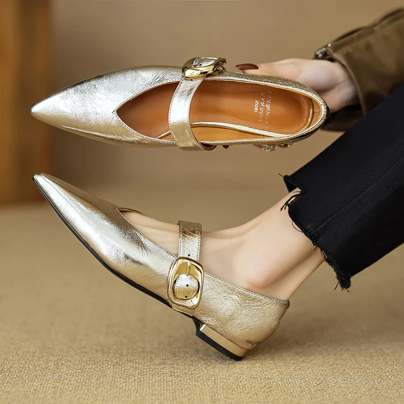 JOZHAMTA Size 33-40 Women Gold Flats Shoes Genuine Leather Buckle Strap Low Heels Shoes 2025 Spring Pointy Office Daily Dress