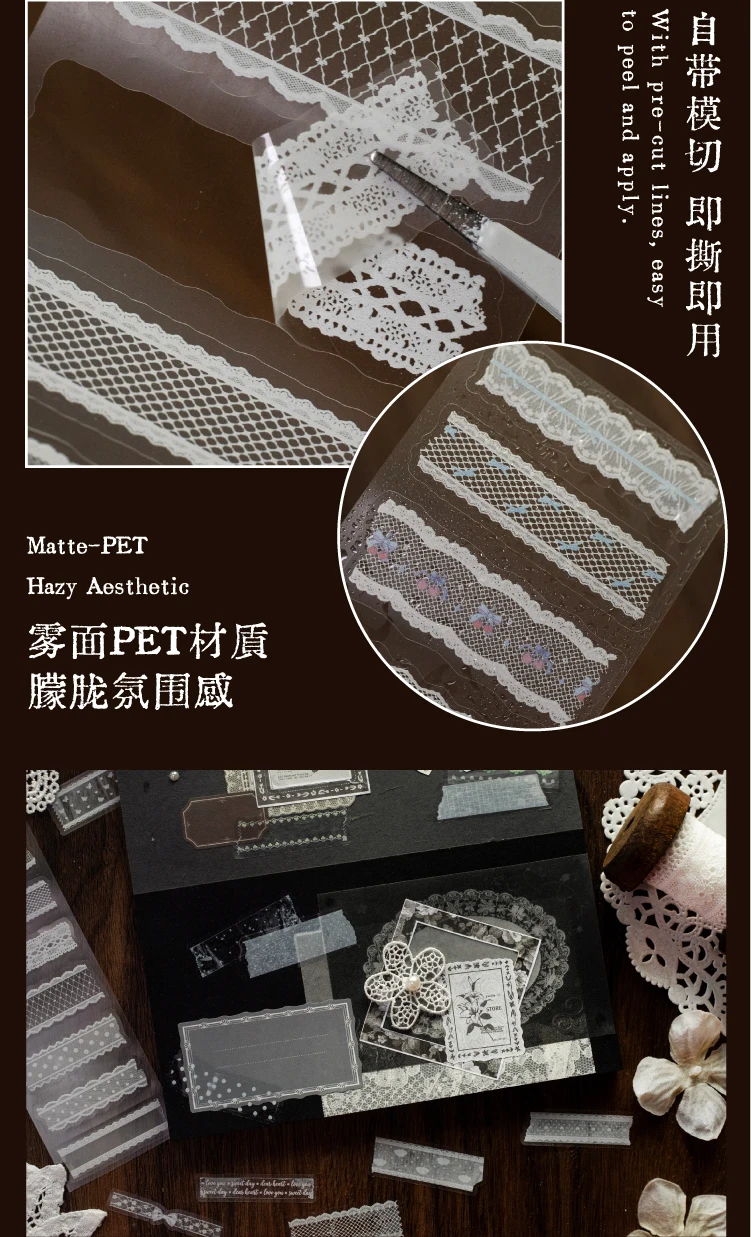 Journal GO 5cmx2m Mattes PET-Aufkleberband, Retro-Spitzen- & Gitterrand-Aufkleber für Journaling, Scrapbooking & Planer-Layouts – Detail 5
