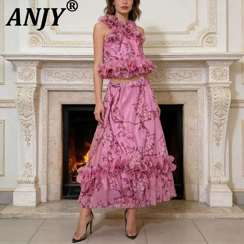 

ANJY 2026 Летний новый женский винтажный комплект из двух предметов с принтом: укороченный топ без рукавов на бретелях и модная юбка с оборками A20648