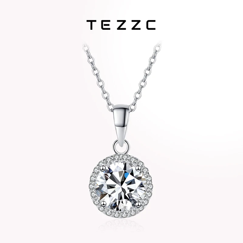 

Tezzc 0.5ct 1ct Moissanite Necklaces Women Lab Diamond Sparkling Round Pendant s925 Silver with Gold Plated Necklace Pass Tester