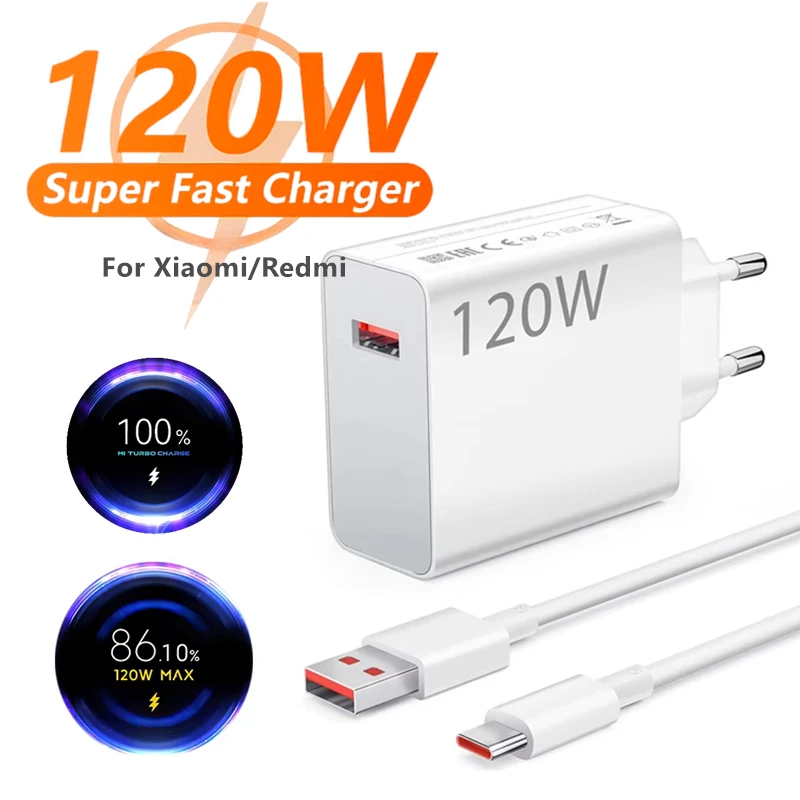 

Быстрое зарядное устройство USB 6A 120W EU для Xiaomi 11 12 13 14 15 Ultra, Redmi Note 12 13 14, POCO F7 X7 Pro, кабель для турбо-зарядки Type-C
