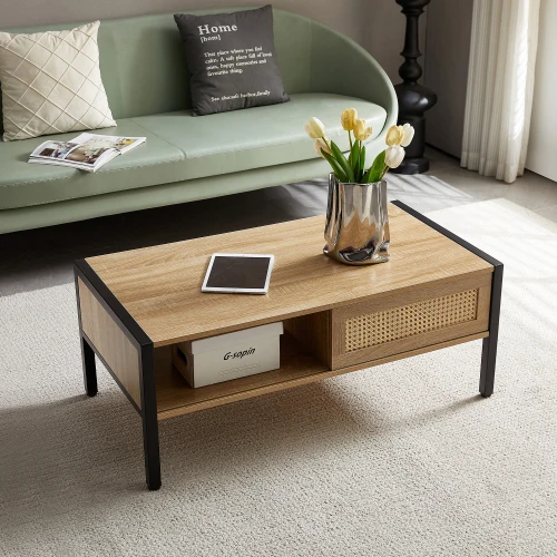 

Custom Rattan Coffee Table, Sliding Door Storage, Metal Legs, Modern Living Room Coffee Table