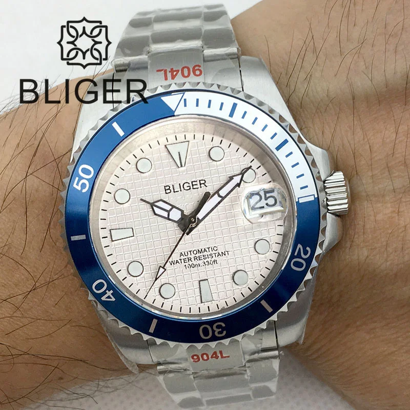 BLIGER 2023 New Mechanical Automatic Watch For Men 40mm Japan NH35 White Grid Dial C3 Luminous Sapphire Crystal Steel Bracelet