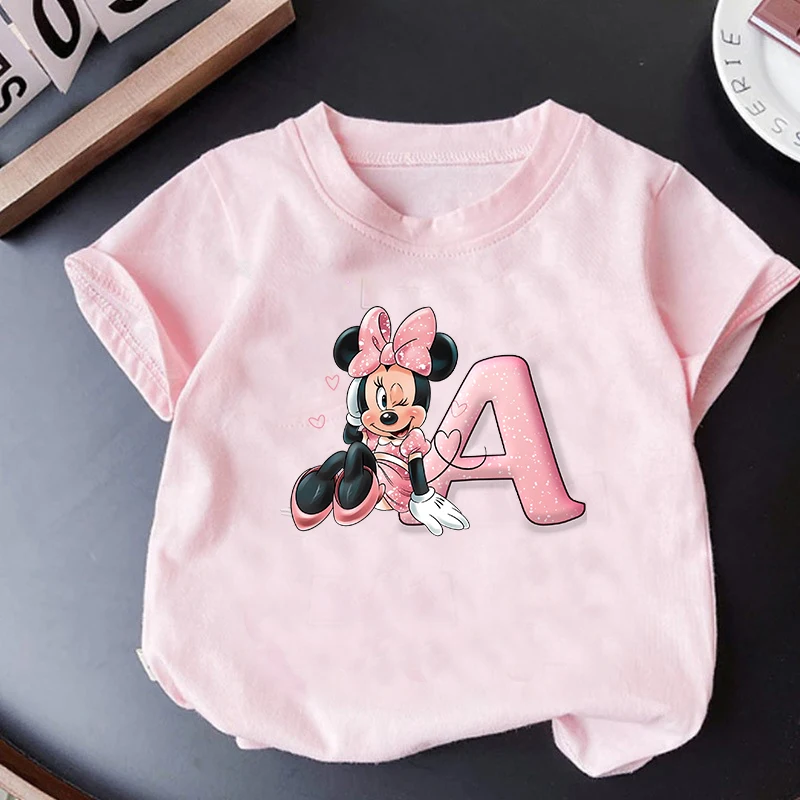 Mickey Minnie Mouse Girls T Shirt Clothes Tops Children's Clothing Letter A-Z Boys Short Sleeve Children Summer Clothes Kid Gift