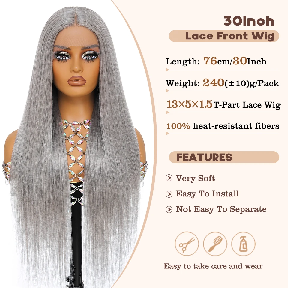 Peluca con malla Frontal recta de 30 pulgadas, parte en T sintética, pelucas de encaje largas 13x5x1, fibra resistente al calor, pelucas frontales de encaje de cobre y jengibre ombré