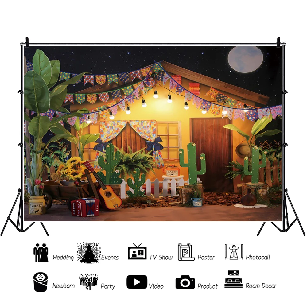 Laeacco Mexican Fiesta Theme Photography Backdrop Rustic Wood House Cactus Carnival Party Decor Baby Shower Birthday Background