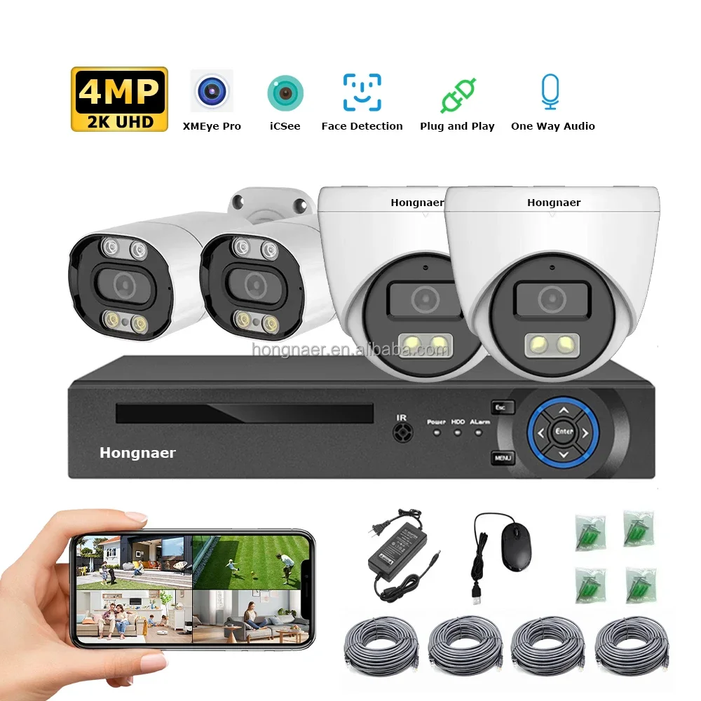 2026 2026 Hongnaer 4MP 4CH Smart Home IP POE NVR Network Video Recorder Surveil CCTV Camera Set Kit System Wireless Security Cam