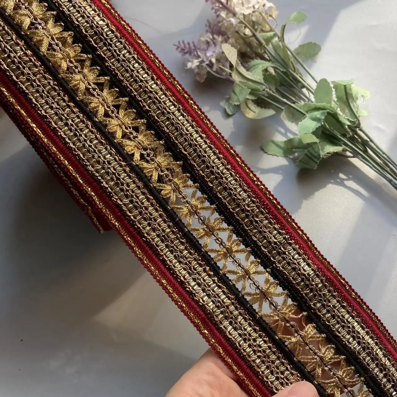 1 Yard Red 7cm Rice Lace Trim Ribbon Ethnic Clothing Gold Thread Embroidery Sequin Fabric Jacquard Webbing Garment Accessories