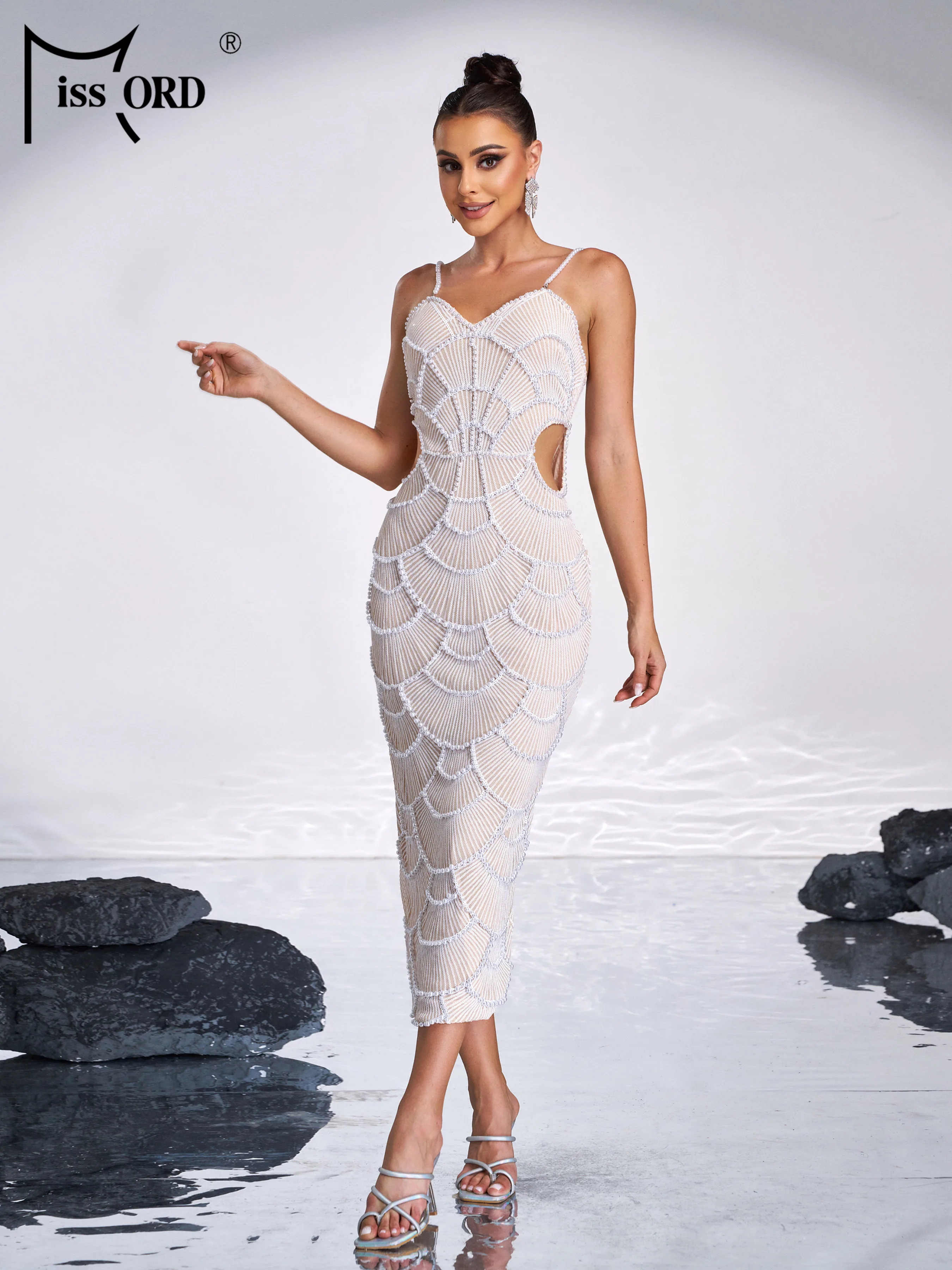 Missord Nieuwe Spaghetti Uitsparing Pailletten Middellange Cocktail Avondjurk Bruiloft Verjaardagsfeestje Afstuderen Formele Gelegenheidsjurk