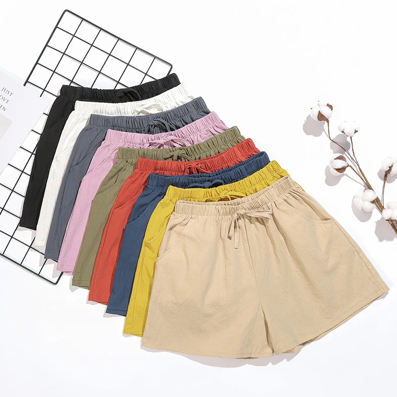 Women Shorts Spring Summer 2025Loose Linen Cotton Solid Casual Korean Wide Leg Pant Drawstring Elastic Waist Bikers Shorts