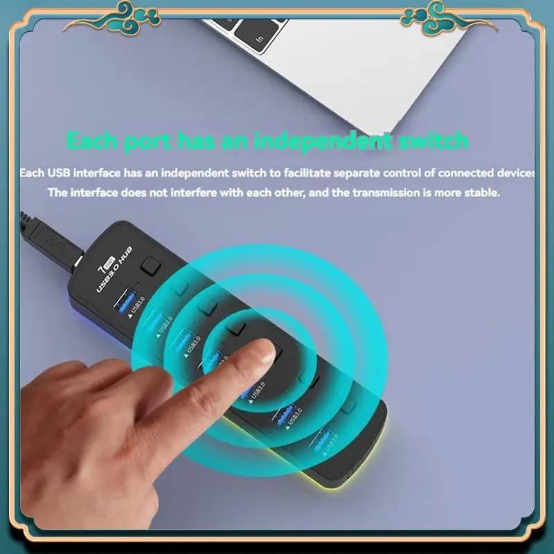 (New)-RGB USB 3.0 Hub 7 Ports USB Port Adapter 5Gbps Individual On/Off Switch Splitter Gaming USB Hub For Laptop PC Computer