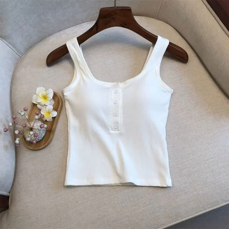 1-teiliges geripptes Henley-Tanktop für Damen, ärmelloses Camisole-Top mit quadratischem Ausschnitt und Knopfleiste vorne und integriertem BH – Detail 6