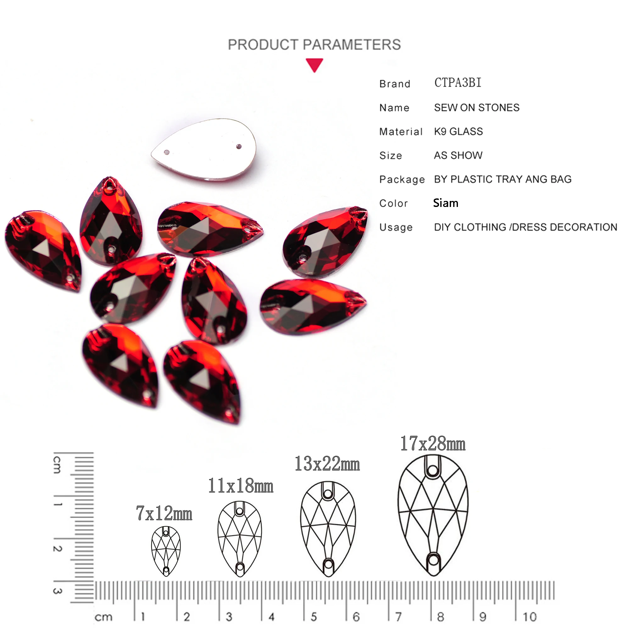 K9 Glass 3230 Teardrop Siam Sew on Stones Red Glass Crystal Sewing Rhinestone Drop Strass Decor for Clothes