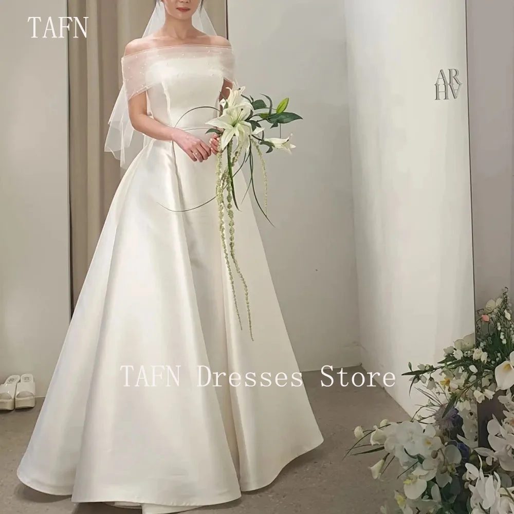 

TAFN Off the Shoulder Satin Wedding Dresses Custom Made Pearls Short Sleeves 웨딩드레스 Brides Gowns for Women Bridal Dresses