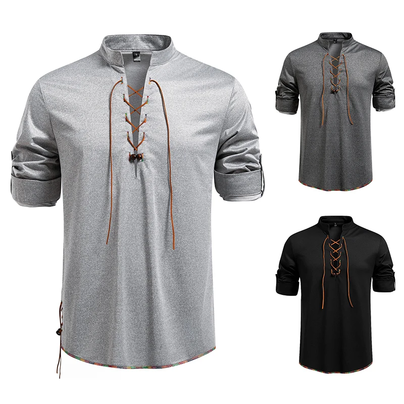 

Men Long Sleeve Shirts Drawstring Style Henry Collar Mens Dress Shirts Casual Male Clothes Chemise Hemd Homme Shirt H262