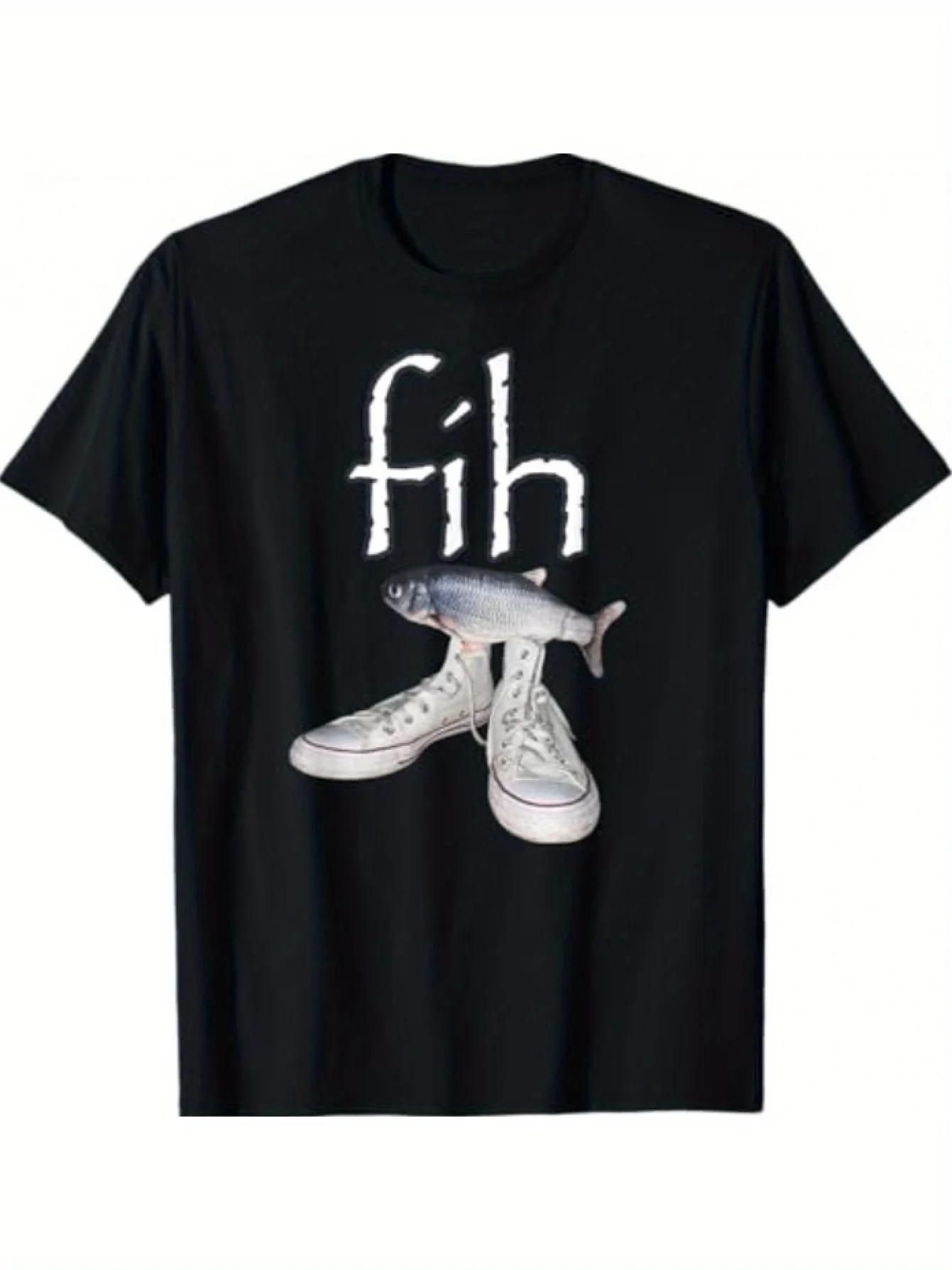 Surreal Funny Fish Sneakers Graphic Men 100% Cotton T Shirt FIH Letter Print Weirdcore Meme Hip Hop Daily Short Sleeve Street To