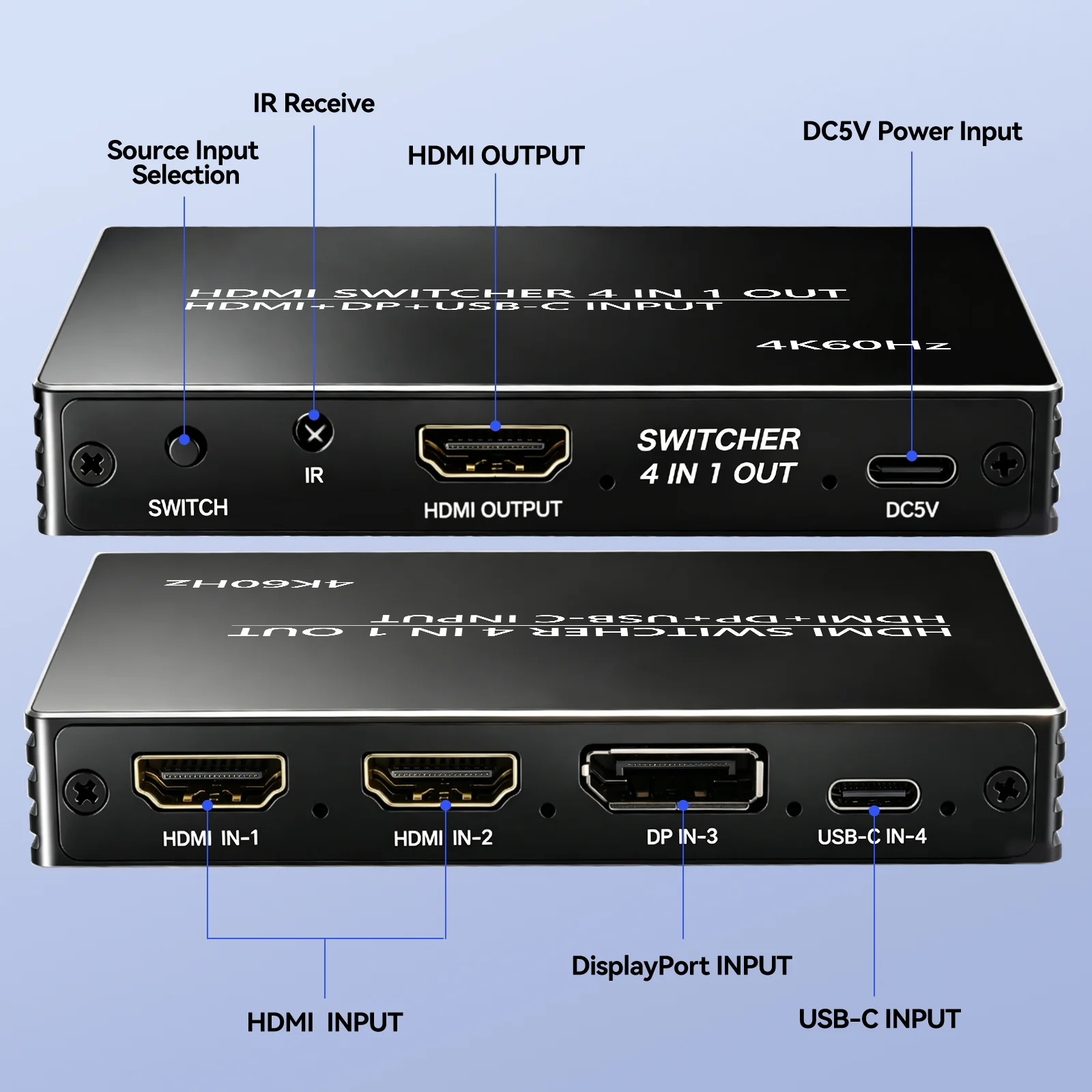 4K60Hz HDMI-compatible Switcher 4 In 1 Out 2*HD+DP+Type-C Input with  IR Remote Control for PC XBOX PS5 Office Presentation